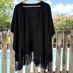 White House Black Market Poncho Shawl Wrap Cardigan w/ Fringe O/S Black